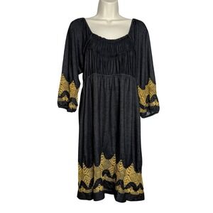Uncle Frank Womens Mini Dress M Black Gold Embroidered Boho Prairie Whimsygoth